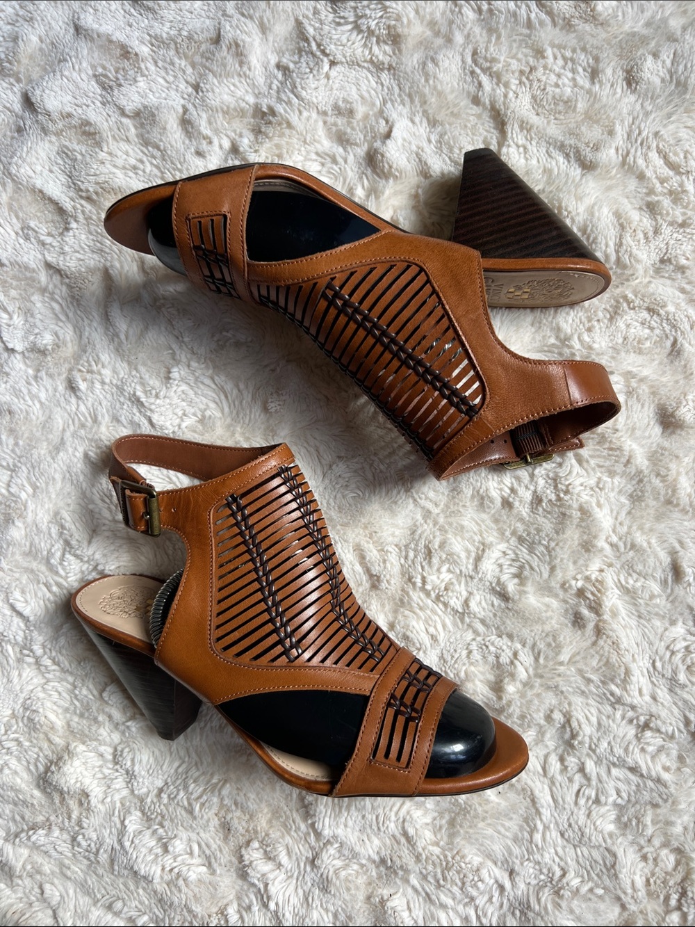 Vince Camuto Tan and Black Leather Cutout Wedge Sandals